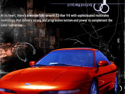 2000 Ford Mustang - A red coupe is shown with text describing its engine. The website Supermotors.net is visible at the bottom right.