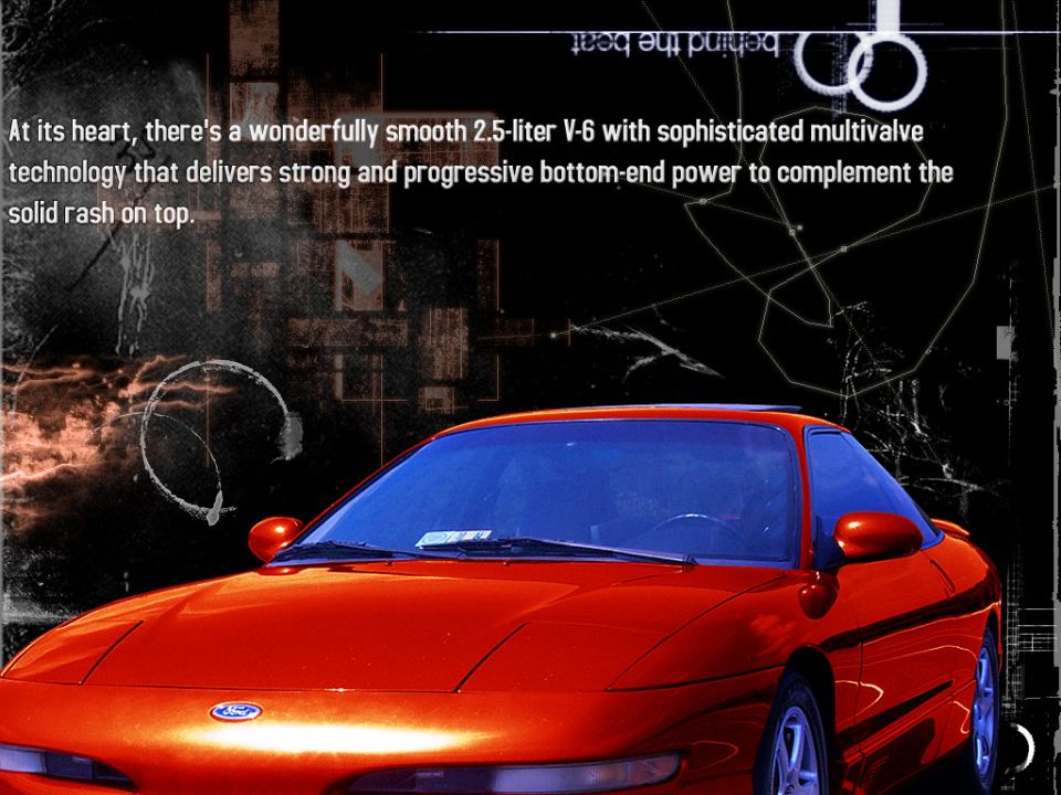 Red coupe with a blue windshield. Text on the left describes a 2.5-liter V-6 engine