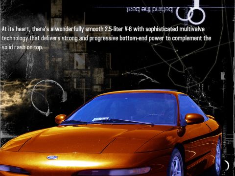 2000 Ford Mustang - This orange Ford Probe features a 2.5-liter V-6 engine, as described in the text overlay.