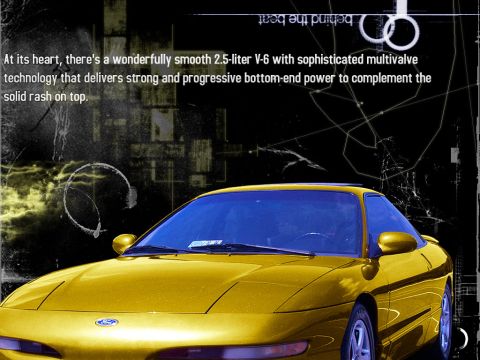 2000 Ford Mustang - This yellow sports car is shown from a 3/4 front angle against a dark, abstract background.