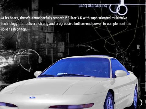 2000 Ford Mustang - White Ford Probe with blue tinted windshield and abstract background graphics.