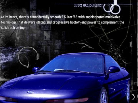 2000 Ford Mustang - A blue coupe is shown with a graphic background and text describing its engine.