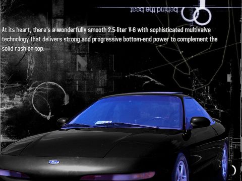 2000 Ford Mustang - This black coupe features a distinctive blue windshield and a sporty design, with text describing its V6 engine.