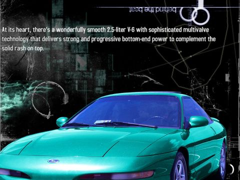 2000 Ford Mustang - This image shows a green sports coupe, not a 2000 Ford Mustang. The text discusses a 2.5-liter V-6 engine.