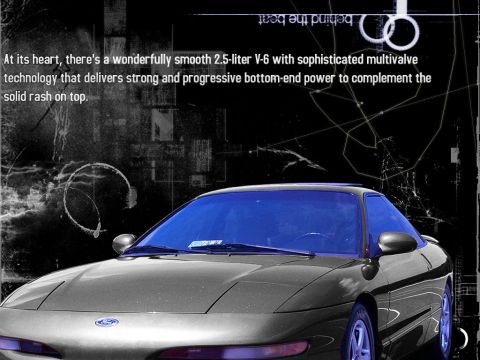 2000 Ford Mustang - A gray Ford Probe is shown from the front 3/4 angle with a blue windshield and abstract background graphics.