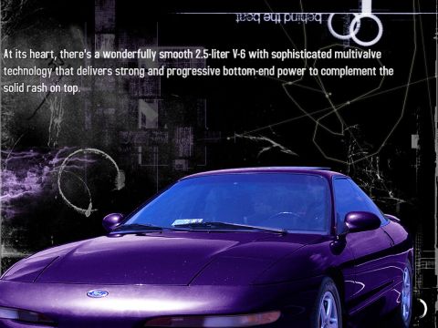 2000 Ford Mustang - This purple coupe is shown from the front 3/4 view with text overlay describing its engine.
