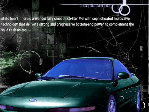 2000 Ford Mustang - This image shows the front of a green coupe with text describing its engine specifications.