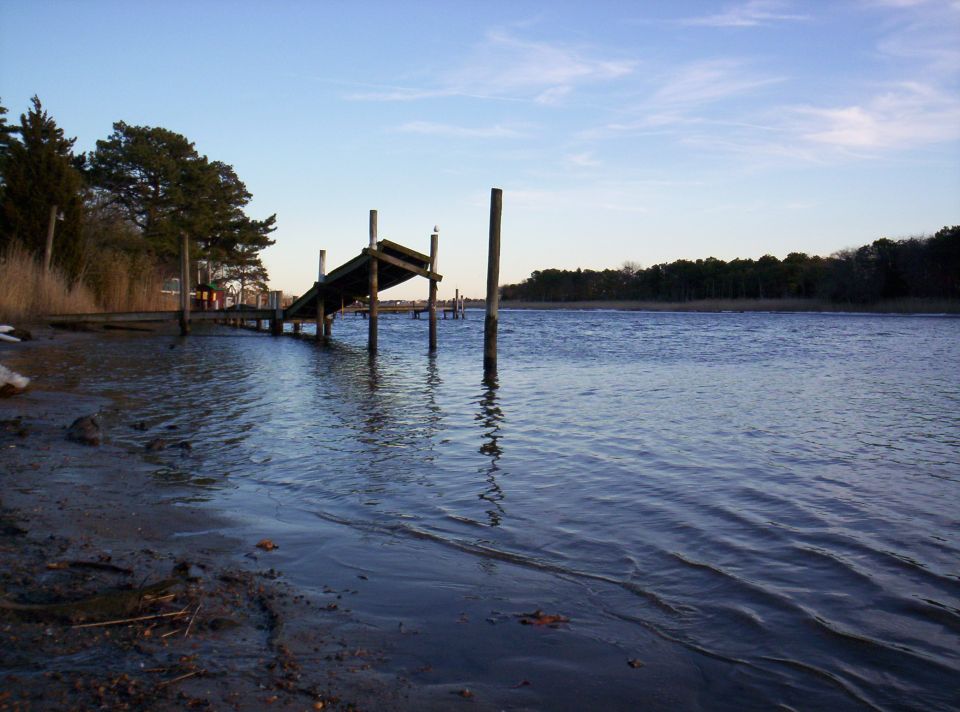 Wooden dock extending into blue water with trees on the far bank under a cloudy sky