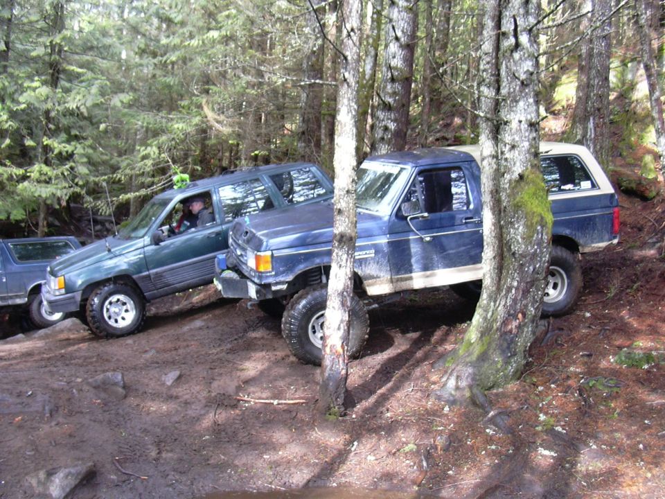 Several off-road vehicles navigate a muddy forest trail. One blue truck is in the foreground, with a green SUV to its left