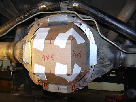 1991 Ford Bronco - Cardboard-and-duct-tape template taped over a solid axle differential housing, marked in red with "4x5" and "1/2x4" dimensions and centerli…