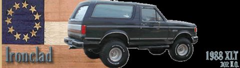 1988 Ford Bronco - A 1988 Ford Bronco XLT 302 H.O. is shown from a 3/4 front view, superimposed over a flag graphic.