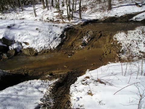 1996 Ford Bronco - A vehicle navigates a muddy stream crossing in a snowy, wooded area.