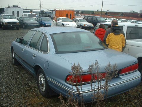 1999 Ford Crown Victoria - A light blue sedan is parked in a lot with other vehicles under an overcast sky.