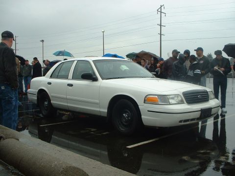 1999 Ford Crown Victoria - A white sedan is parked in a lot on a rainy day, with a crowd of people observing it.