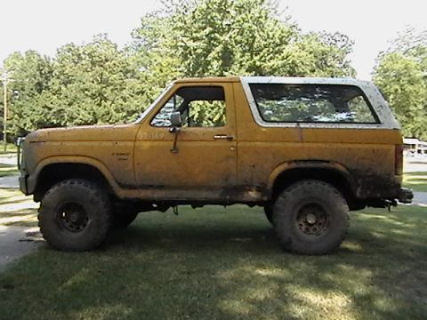 1986 Ford Bronco - A yellow 1986 Ford Bronco is parked on a grassy lawn with trees in the background.