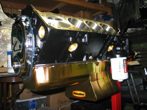 1981 Chevrolet Corvette - Engine block assembly with Milodon oil pan and oil filter mounted.