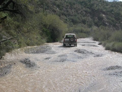 1984 Ford Bronco - A white Ford Bronco navigates a dry riverbed with sparse vegetation and cacti on the hillsides.