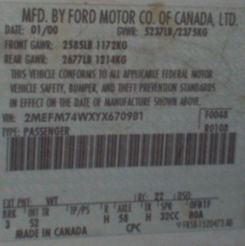 1994 Ford Crown Victoria - VIN sticker of the donor 2000 Grand Marquis
