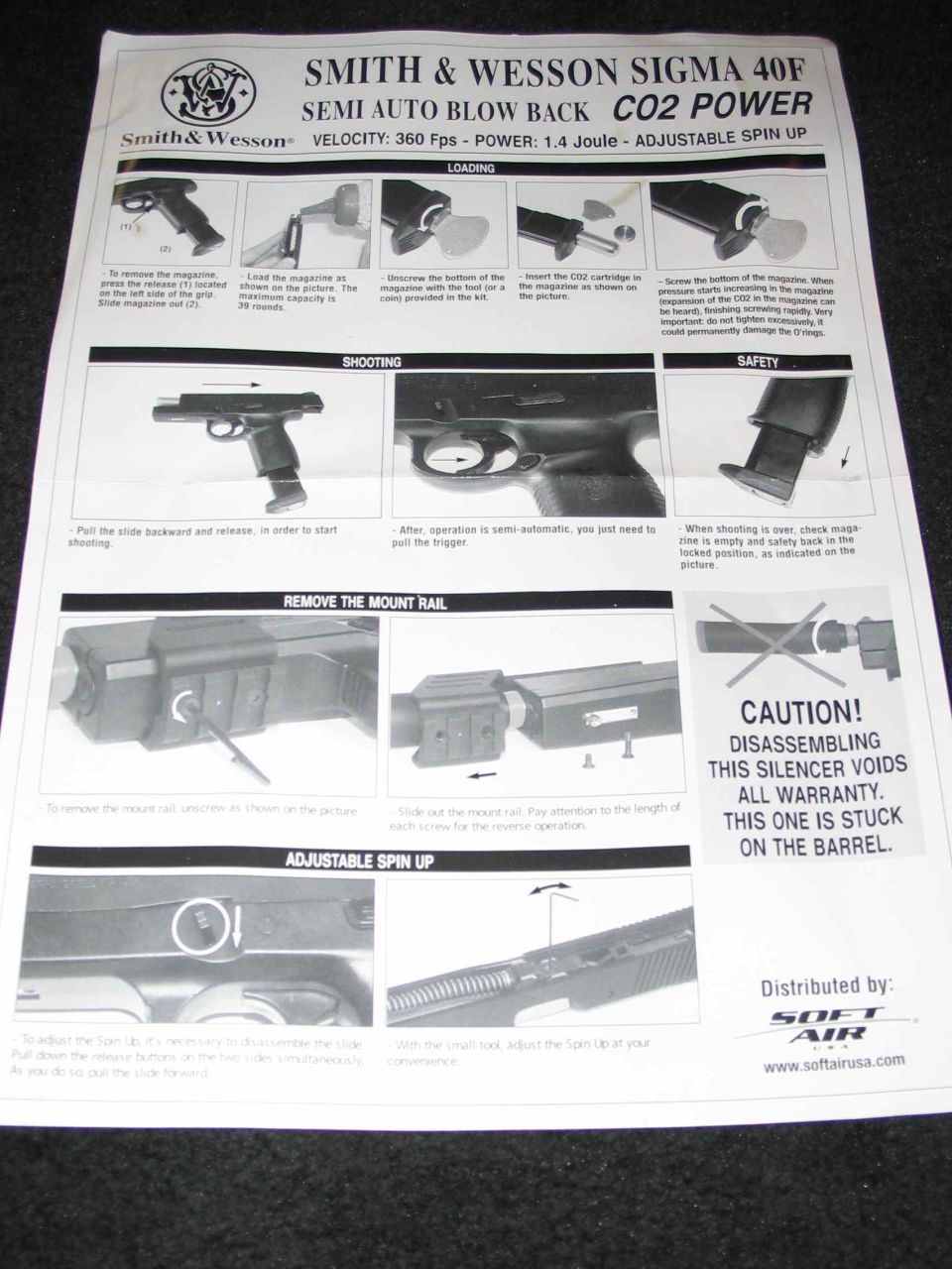 Instruction manual for a Smith & Wesson Sigma 40F CO2 pistol, showing loading and shooting steps