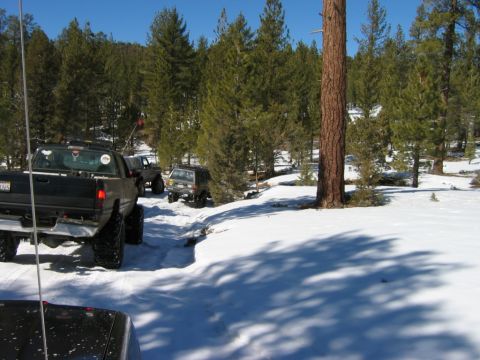 1985 Ford Bronco - Multiple off-road vehicles are seen driving through a snow-covered forest trail under a clear blue sky.