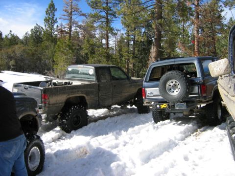 1985 Ford Bronco - A blue 1985 Ford Bronco is seen from the rear, parked in the snow with other vehicles.