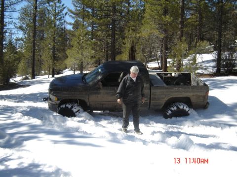2000 Ford F-450 - A person stands next to a dark pickup truck that appears to be stuck in a snowy, wooded area.