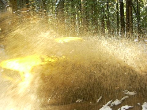 1990 Ford Bronco - A vehicle splashes through water in a wooded area, creating a large spray.