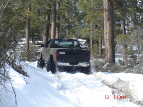 2000 Ford F-450 - A truck with large tires navigates a snowy path through a forest.