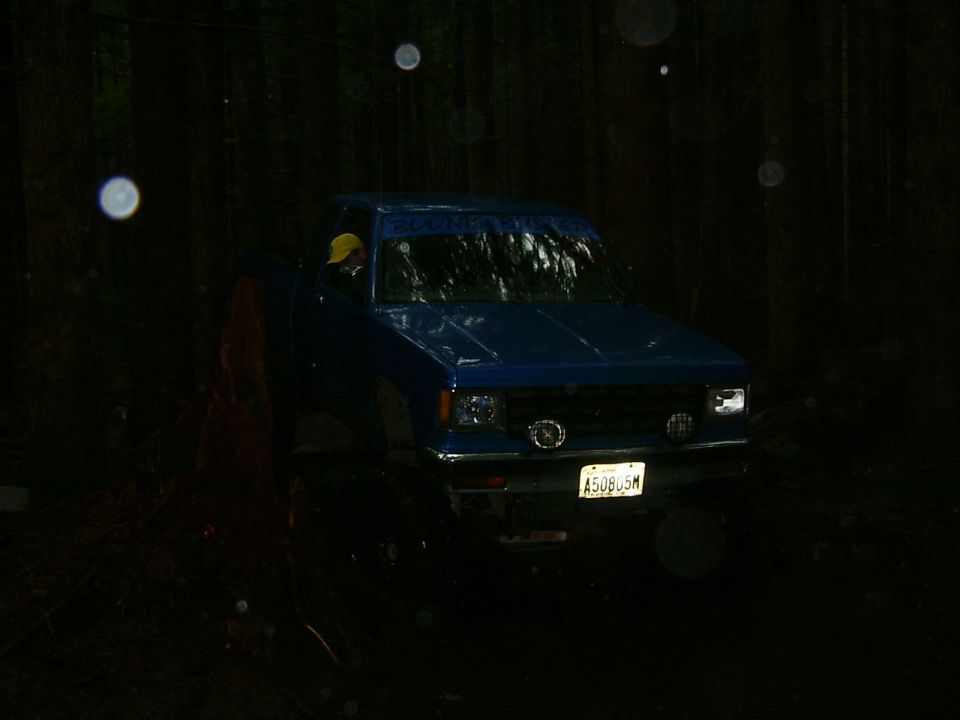 Blue pickup truck with yellow-capped driver, front view, in dark woods. License plate A50805M