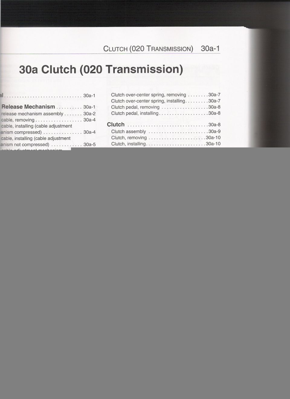 30a Clutch (020 Transmission) manual contents page listing release mechanism, pedal and clutch procedures
