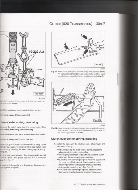 2003 Chevrolet Monte Carlo - Technical diagrams illustrate the removal and installation of the clutch over-center spring and relay panel.