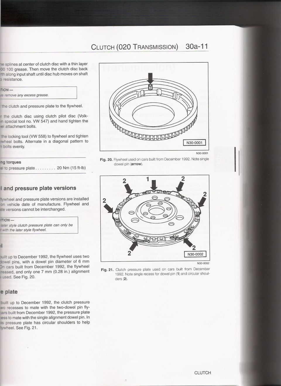 VW 020 clutch manual 30a-11: flywheel/pressure-plate versions and dowel-pin history