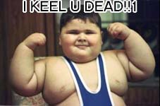 1990 Ford Bronco - A young child poses in a wrestling singlet, flexing their biceps. Text at the top reads 'I KEEL U DEAD!!!1'.