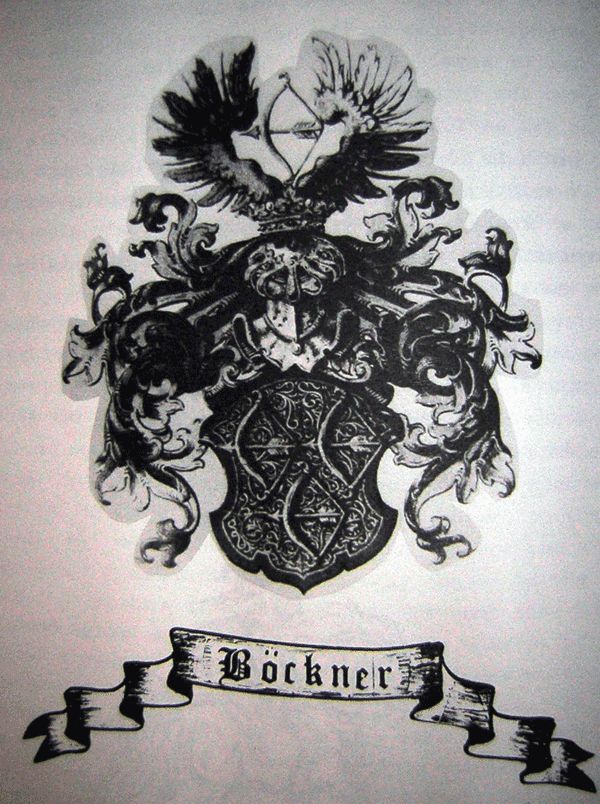 Black and white Böckner family coat of arms with crowned helm, shield and name banner