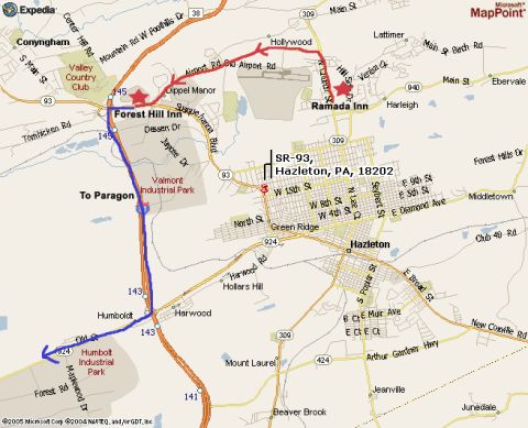 1979 Ford Bronco - This map displays a route from the Forest Hill Inn to Hazleton, Pennsylvania, with specific highway and street details.