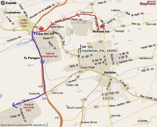 Map showing route to Hazleton, PA from Forest Hill Inn