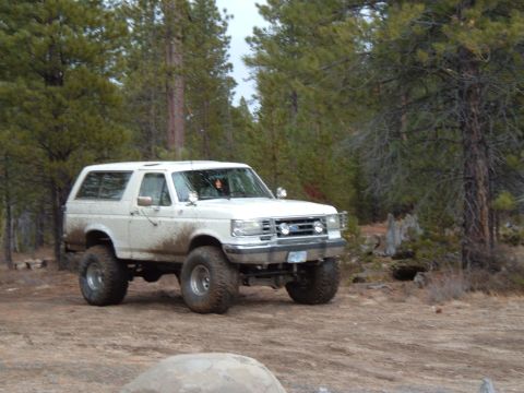 1989 Ford Bronco - This lifted Ford Bronco is covered in mud, suggesting it has been used for off-roading in a forest environment.