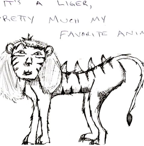 1989 Ford Bronco - A hand-drawn depiction of a liger, an animal described in the text as a favorite.