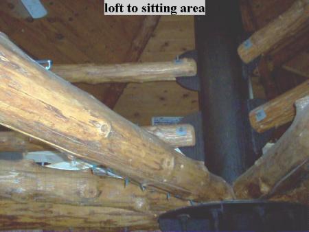 1995 Ford Bronco - Interior view of a log cabin, showing the structural beams and a central chimney stack.