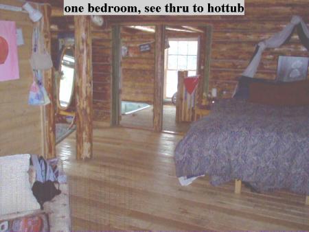 1995 Ford Bronco - Interior of a log cabin shows a bed and a view through to a hot tub area.