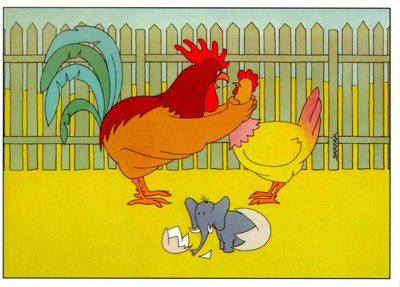 1989 Ford Bronco - A cartoon depicts a rooster and hen observing a baby elephant hatching from an egg.