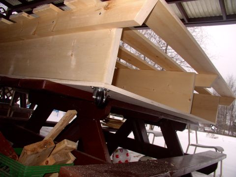 1986 Ford Bronco - The castors were secured through the plywood, well into the 2X12s with 2" long # 10 panhead screws so they won't be wobbling anytime soon.