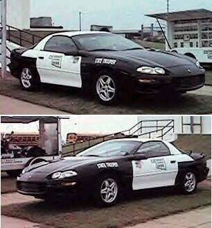 2001 Chevrolet Camaro - Two views of a 2001 Chevrolet Camaro marked as a State Trooper vehicle.