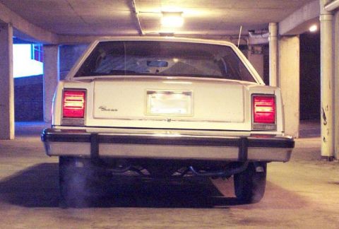 1985 Ford Crown Victoria LTD - Rear view of a white sedan parked indoors, showing its taillights and bumper.