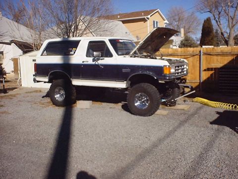 1988 Ford Bronco - This lifted Ford Bronco is parked outside with its hood open, possibly undergoing maintenance.