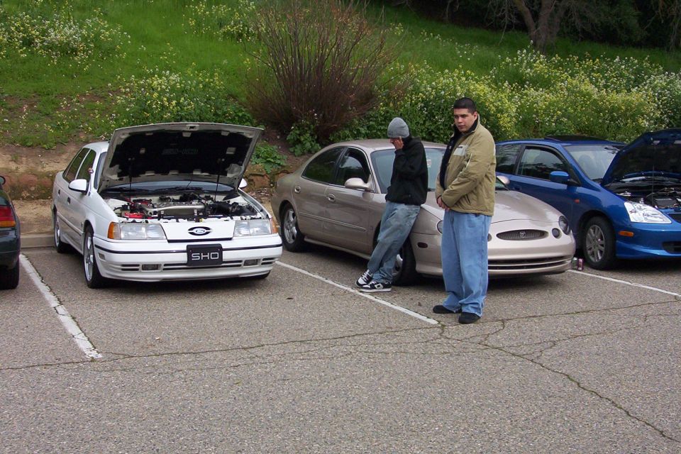 White sedan with SHO badge, hood open, front view