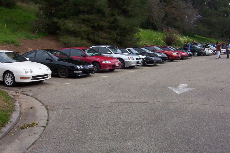 Several cars parked in a row on asphalt, with trees and a grassy hill in the background