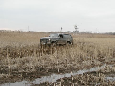 1985 Ford Bronco - A Ford Bronco navigates a muddy terrain, kicking up dirt as it goes.