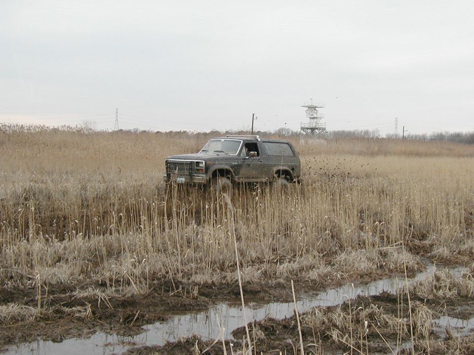 Dark colored Ford Bronco driving through a muddy field with tall dry grass. A tower structure is visible in the background