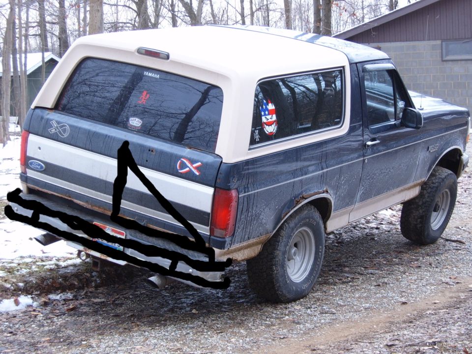 Dark blue and tan Ford Bronco with a white roof, seen from the rear